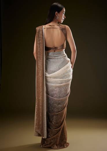 Brown Ombre Sequence Ready To Wear Saree With Velvet Blouse
