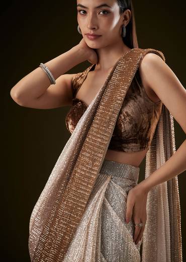 Brown Ombre Sequence Ready To Wear Saree With Velvet Blouse