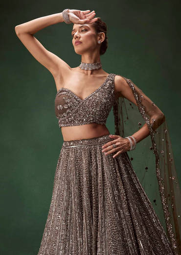 Brown One Shoulder Bridal Lehenga Set With All Over Sequins