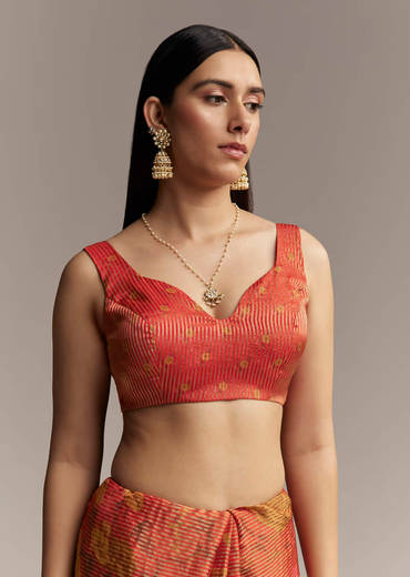 Brown Red Tissue Saree With Mirror And Zari Work