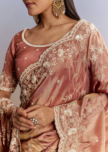 Brown Rust Crush Tissue Saree With Gota And Beads Embroidery