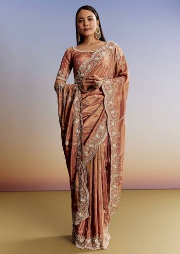 Brown Rust Crush Tissue Saree With Gota And Beads Embroidery