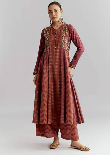 Brown Silk Anarkali Suit With Indie Print And Embroidery