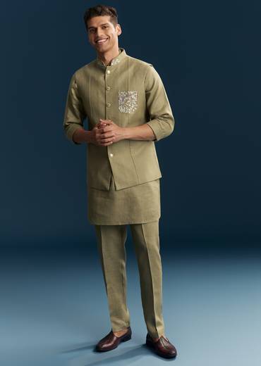 Brown Silk Kurta Jacket Set With Minimal Thread Detail