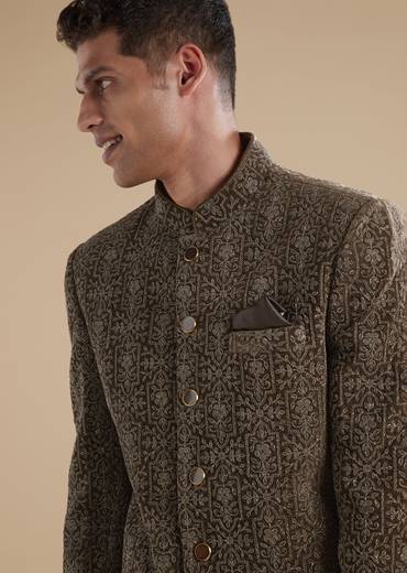 Brown Velvet Mens Jodhpuris with Thread Resham Detail Work