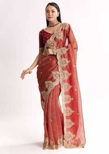 Brownish Mauve Crush Tissue Saree With Heavy Border And Blouse