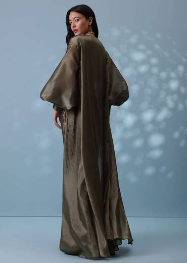 Chocolate Brown Indowestern Skirt Set With Jacket In Milano Organza