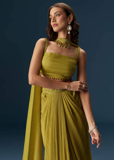 Citrus Green Drape Skirt With Pleated Bustier And Choker Style Dupatta