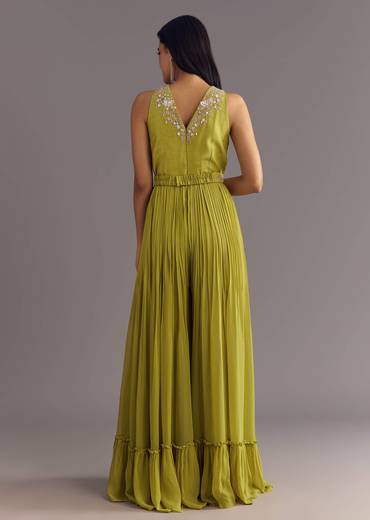 Citrus Green Georgette Jumpsuit With Embroidered Belt