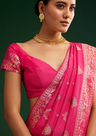 Classic Rani Pink Dola Silk Saree With Zari Detailing