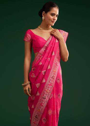 Classic Rani Pink Dola Silk Saree With Zari Detailing
