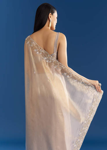 Cloud Grey Organza Tissue Saree With Embellished Border