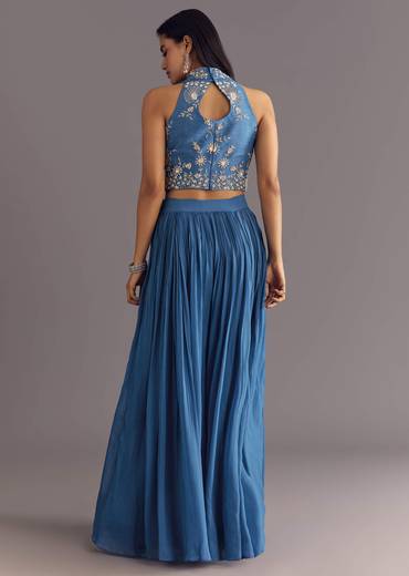 Cobalt Blue Georgette Croptop Palazzo Suit With Embroidery
