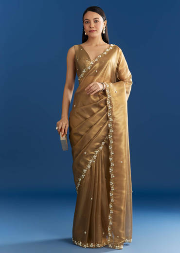 Copper Brown Organza Tissue Saree With Beaded Border