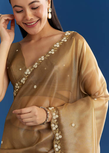 Copper Brown Organza Tissue Saree With Beaded Border