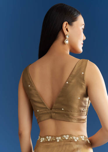 Copper Brown Organza Tissue Saree With Beaded Border