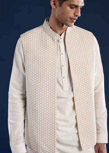 Cream Art Silk Jacket Kurta Set with Resham Work