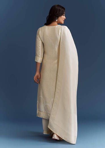 White Banarasi Tissue Kurta Set With Zardosi Neckline