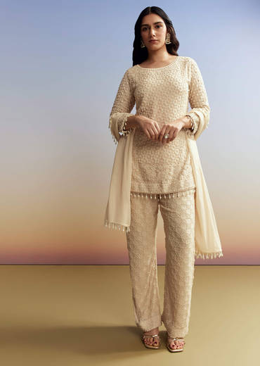 Cream Beaded Kurta Set with Dupatta