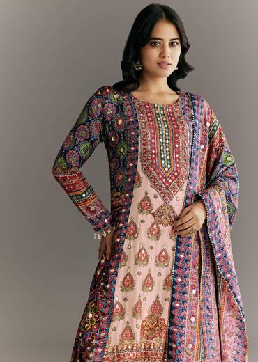 Cream Blue Tabby Silk Printed Kurta Palazzo With Dupatta