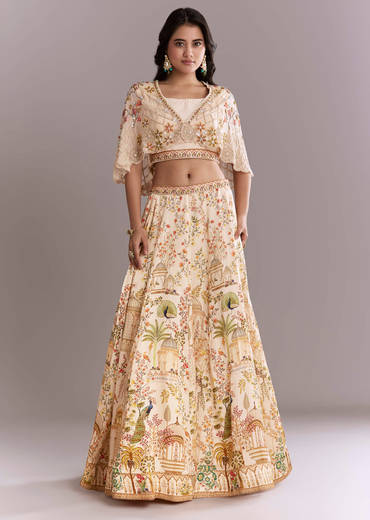 Cream Crepe Crop Top And Printed Skirt Set With Beads Embroidery