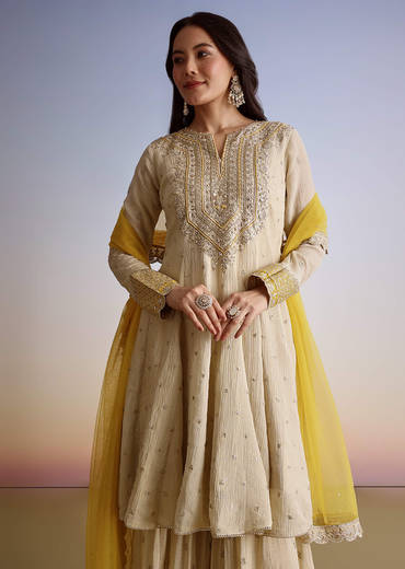 Cream Crush Tissue Sharara Suit With Zari Sequins Work
