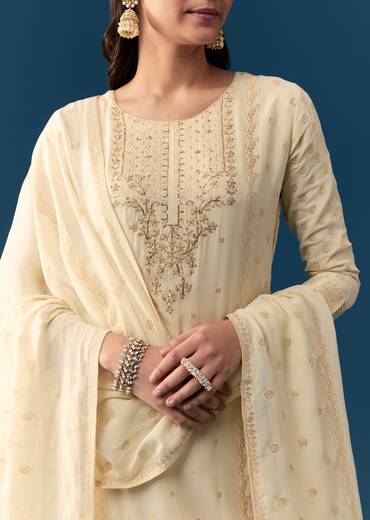 Cream Georgette Kurta Set With Zardosi Work