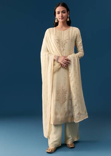 Cream Georgette Kurta Set With Zardosi Work