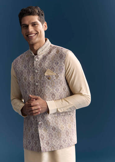 Cream Jacquard Kurta Jacket Set For Men With Printed Jacket