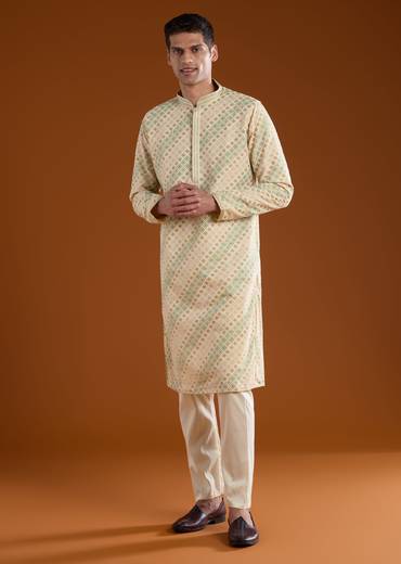 Cream Jacquard Mens Kurta Pant Set