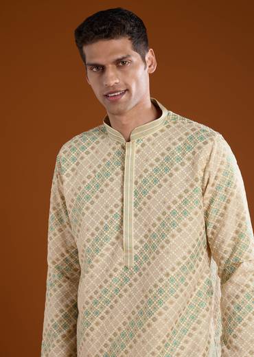 Cream Jacquard Mens Kurta Pant Set