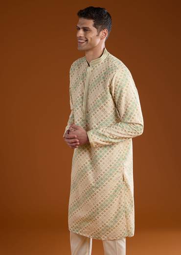 Cream Jacquard Mens Kurta Pant Set