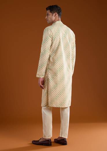 Cream Jacquard Mens Kurta Pant Set