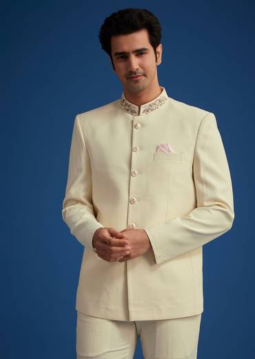 Cream Jodhpuri Suit With Handwork Collar