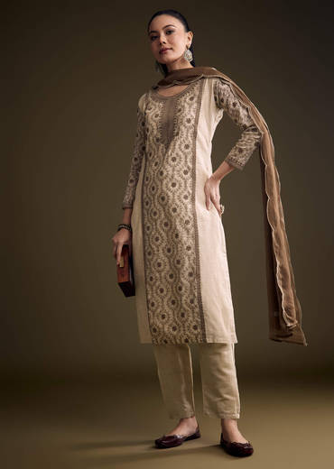 Cream Khadi Kurta Set With Thread Embroidery