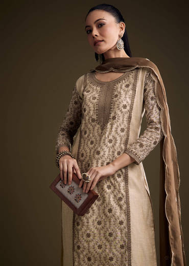 Cream Khadi Kurta Set With Thread Embroidery