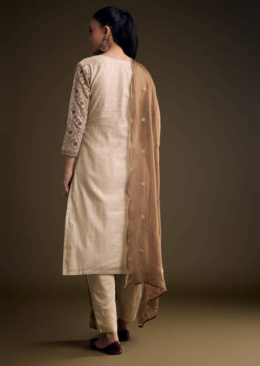 Cream Khadi Kurta Set With Thread Embroidery