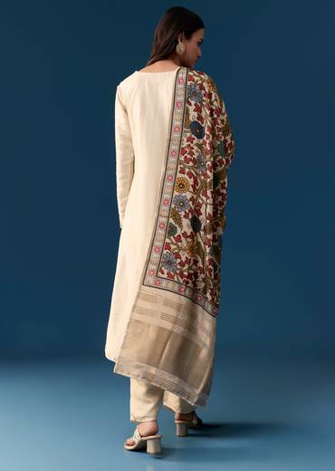 Cream Kurta Set With Resham And Moti Work