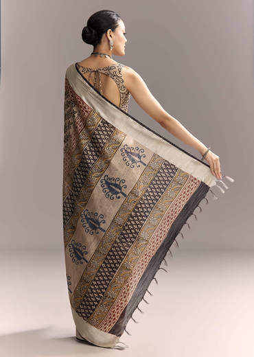 Cream Linen Saree With Black Hand Block Ajrakh Print