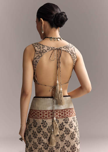 Cream Linen Saree With Black Hand Block Ajrakh Print