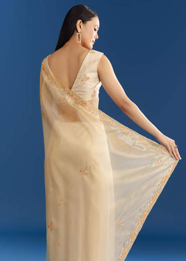Cream Organza Tissue Saree With Subtle Beaded Border