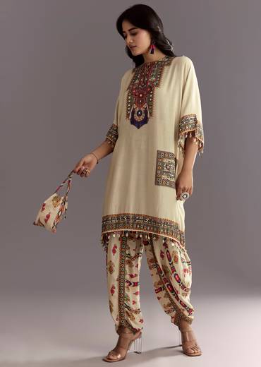 Cream Printed Muslin Kurta And Dhoti
