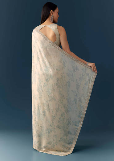 Cream Satin Saree with Floral Print and Unstitched Blouse