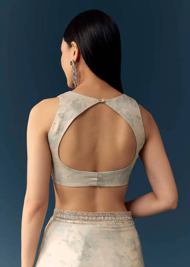 Cream Satin Saree with Floral Print and Unstitched Blouse