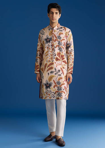 Cream Silk Floral Resham Threadwork Kurta Jacket Set