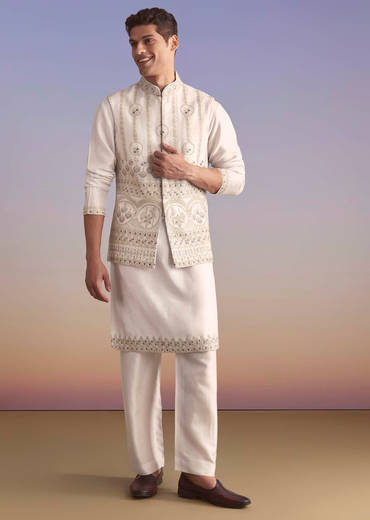 Cream Silk Kurta Jacket Set For Men With Subtle Thread Work