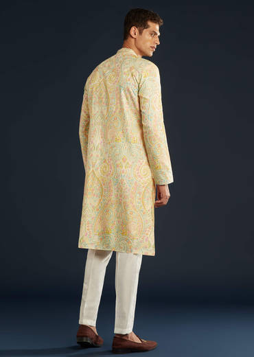Cream Silk Mens Kurta Set with Thread Embroidery