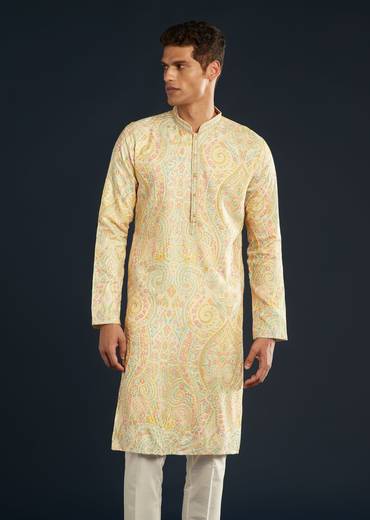 Cream Silk Mens Kurta Set with Thread Embroidery
