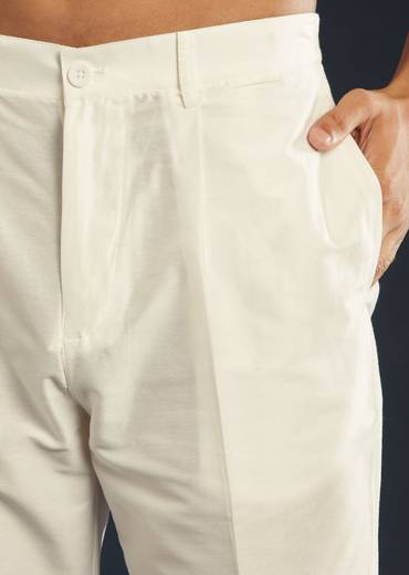 Cream Silk Mens Kurta Set with Thread Embroidery