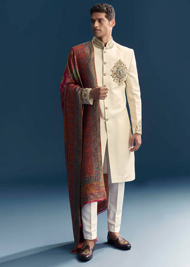 Cream Silk Sherwani For Groom With Intricate Hand Embroidery